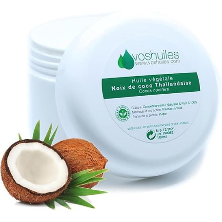 VOSHUILES - Huile Végétale de Noix de Coco Thaïlandaise 100ml - Hydratation Naturelle pour Peau et Cheveux- Soin Nourrissant- Qu