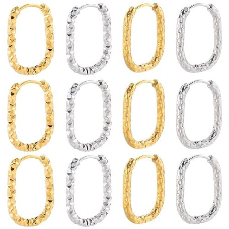 SUNNYCLUE 1 boîte de 8 paires de Boucles D'Oreilles Créoles Ovales en Acier Inoxydable 4 styles Couleur Or Argent Brillant Recta