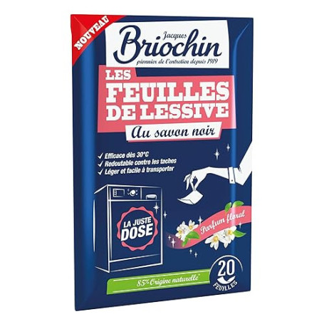 JACQUES BRIOCHIN – 20 Feuilles de Lessive Redoutables dès 30°C – Lavage Impeccable dès la 1re Utilisation – Savon Noir – Tous Te
