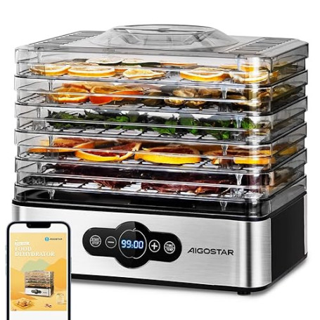 Aigostar Deshydrateur Alimentaire avec 5 Plateaux, Déshydrateur sans BPA, Minuterie 99h et Température 35-75 °C, Écran LED, 240W