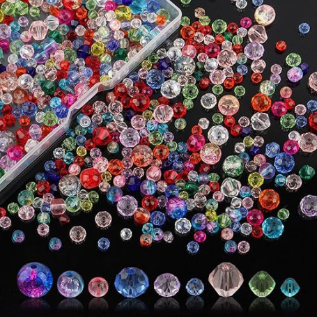 600 Pièces Perles en Verre, 4/6/8mmTransparente Cristal Perles Verre Cristal Brillantes Couleur, Craquelé Ronde et Facettierte G