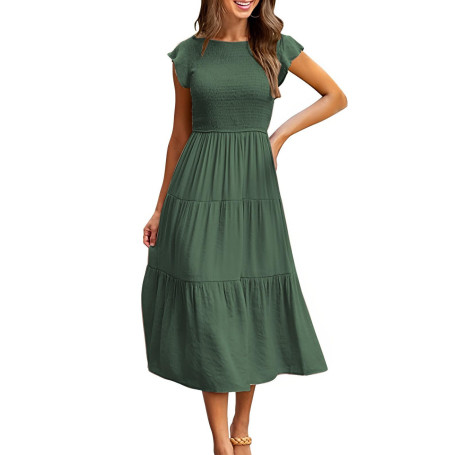 CMTOP Robe Ete Femme Robe Longue Chic et Elegant Manches à Volants Col Rond Robes au Genou Taille Élastique Décontractée Robe de
