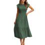 CMTOP Robe Ete Femme Robe Longue Chic et Elegant Manches à Volants Col Rond Robes au Genou Taille Élastique Décontractée Robe de