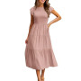 CMTOP Robe Ete Femme Robe Longue Chic et Elegant Manches à Volants Col Rond Robes au Genou Taille Élastique Décontractée Robe de