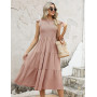 CMTOP Robe Ete Femme Robe Longue Chic et Elegant Manches à Volants Col Rond Robes au Genou Taille Élastique Décontractée Robe de