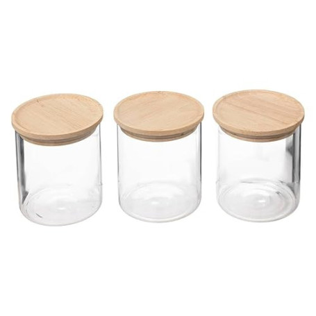 5five - Lot de 3 Bocaux en Verre, Couvercle Hermétique Bambou, 350 ml, 8,5 x 10,5 cm - Pour Rangement Cuisine, Épices