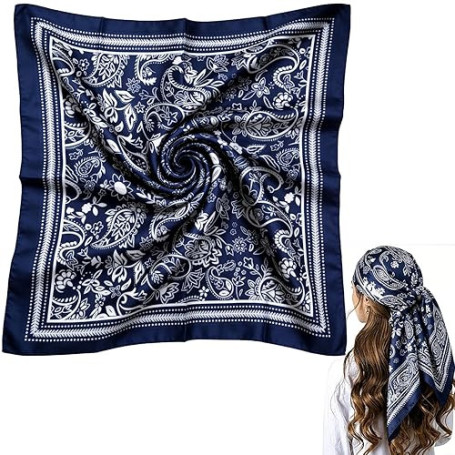 BEZHO Bandana/Foulard pour femme – Carré en satin de 35 pouces (env. 90 cm) – Grand foulard de tête ou de cou – Imprimé à motifs