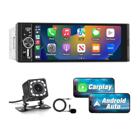 Autoradio 1 DIN CarPlay et Android Auto avec 6.36‘’ Écran Tactile HD/Bluetooth 5.0/Caméra de Recul Inclus/FM USB Type C/GPS/Airp