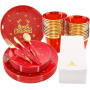 KAHEIGN 175 Pièces Réutilisable Vaisselle de Noël en Plastique Rouge Bordée D'or - 25 Assiettes Plates, 25 Assiettes Salade, 25