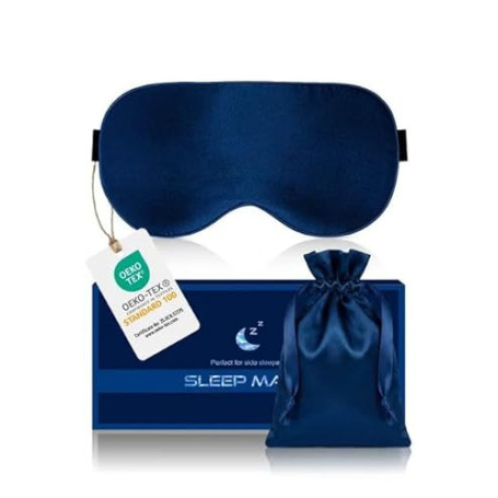 Masque de Nuit Occultant en Soie 100% Pure, Masque de Sommeil Antiallergique, avec Bandeau Réglable, Unisexe (Bleu)