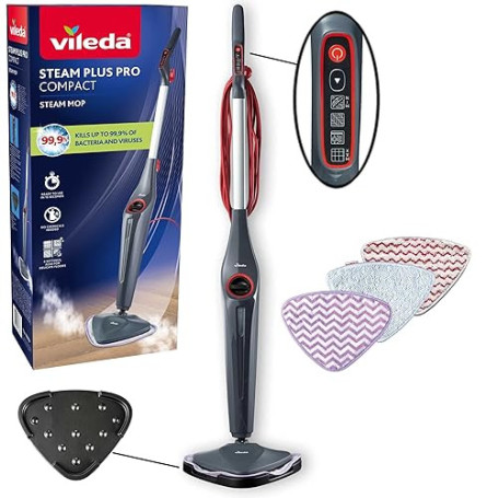 Vileda Steam Plus Pro Nettoyeur vapeur, tue jusqu’à 99% des bactéries et des virus, parfait pour les sols délicats, avec 4 régla
