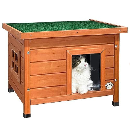 VOUNOT® Maison de Chat en Bois avec Toit Bitumé et Fenêtre Plexiglas Maison de Toilette pour Chat Meuble de Bac avec Porte Niche