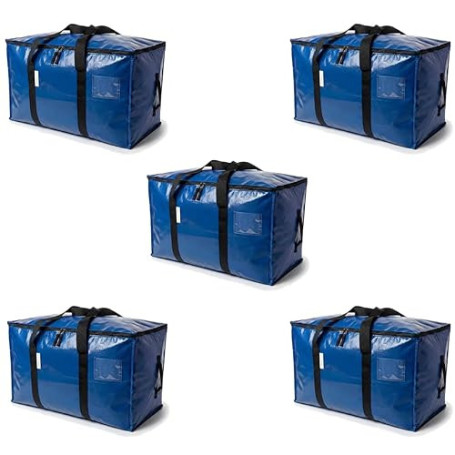 VARRANI Lot de 5 Sacs de Rangement et Déménagement XXL 94L (4+1), Bleu, avec Poignées Renforcées et Fermeture Zippée, Grande Cap