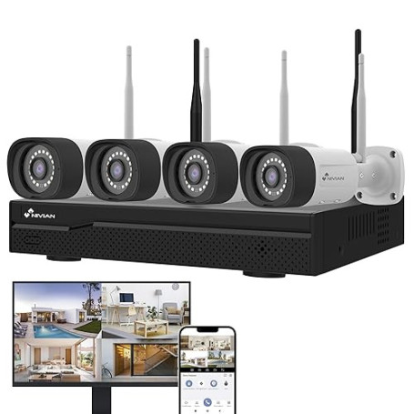 NIVIAN, Kit Caméras de Surveillance WiFi 2K Professionnel avec 4 Caméras IP, NVR 10 Canaux, Images Super HD, Détection Humaine I