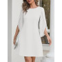 Cicy Bell Robe de cocktail élégante à col rond pour femme - En maille - Manches 3/4 - Couleur unie - Robe décontractée - Robe d'