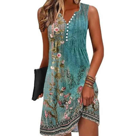 GRMLRPT Robe Été Femme de Plage Bohème Rétro Robes Col V Robes au Genou sans Manches Imprimé Floral Casual Tuniques Ample(Multic