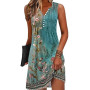 GRMLRPT Robe Été Femme de Plage Bohème Rétro Robes Col V Robes au Genou sans Manches Imprimé Floral Casual Tuniques Ample(Multic