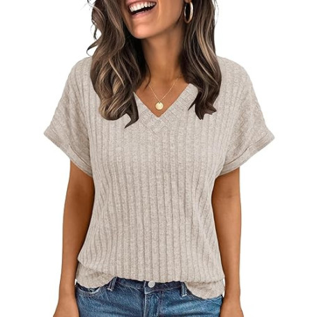 Cuptacc Tee Shirt Femme D'été Top Femme Chic et Élégant Décontracté T-Shirts à Manches Courtes à Col en V Haut Casual Tunique