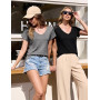 Aottori T Shirt Femme Manches Courtes Col en V Tee Shirt Chic et Élégant Chemisier Été Léger Ample Haut Extensible Motif Ajouré