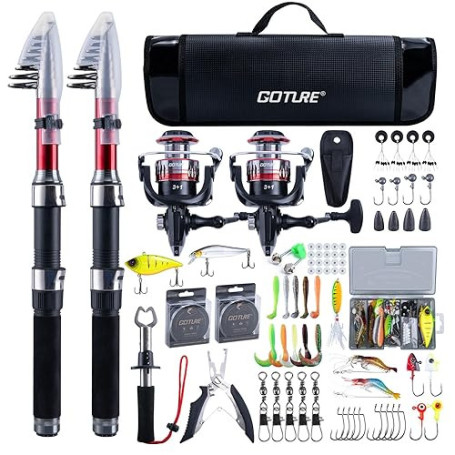 Goture Ensemble de Pêche avec 2 Canne à Pêche Télescopique, Ensemble Complet de d'outils de Pêche et d'appâts avec 2 Moulinet de