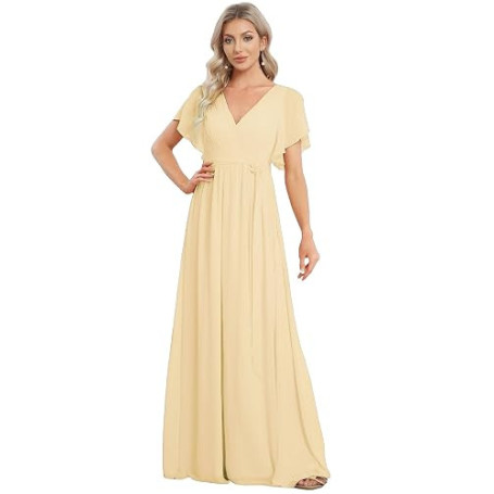 Ever-Pretty Robe pour Mariage Invité Longue Femme Col V Mousseline A Line Manches Courtes Plissé Chic EE0164A