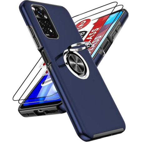 LeYi Coque pour Xiaomi Redmi Note 11/11S 4G(6.43") avec 2 Verre Trempé Vitre Protection et Anneau Telephone, Militaire PC et TPU
