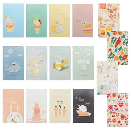 16 Pièces Petit Carnet de Notes de Poche, Bloc Note a7, 10,5 x 7 cm, Couverture Coloré,Animaux de Dessins Animés,Facile à Porter
