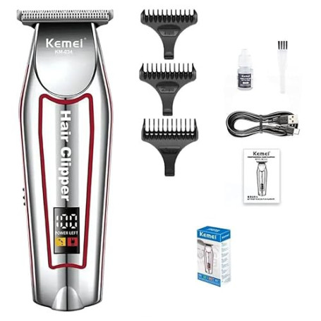Kemei Tondeuse Cheveux barbe corps Professionnelle, Écran LCD, Rechargeable USB, Kit de Coiffure avec 3 Guides de Coupe, Argent
