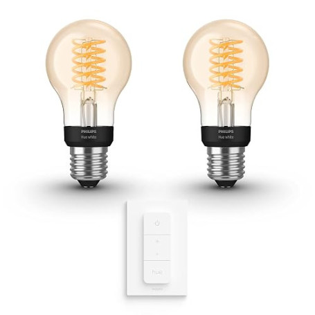 Philips Hue Pack avantagé - E27 - avec 2 Ampoules standard à filament - Lumière blanche chaude - Comprend 1 Variateur de lumiere