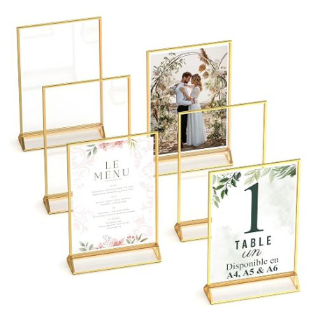 Dasher Products Cadres Photos Dorés Double Face - Pack de 6 - Porte-numéros de table dorés en acrylique, chevalets de table tran