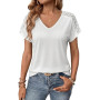 Aottori T Shirt Femme Manches Courtes Col en V Tee Shirt Chic et Élégant Chemisier Été Léger Ample Haut Extensible Motif Ajouré