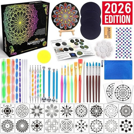Kit Peinture Mandala, Outils de Pointillage (Dotting Tools), Set Peinture sur Galets et Pierres avec Pochoirs, Pinceaux, Trousse