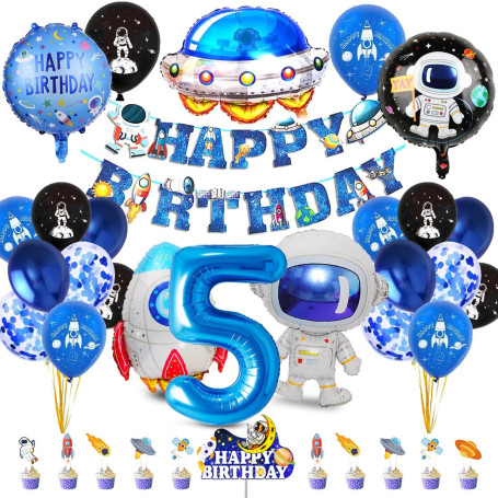 Décoration d'anniversaire pour enfant garçon de 5 ans, décoration de l'espace, ballon en aluminium astronaute, fusée, décoration