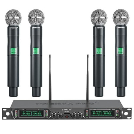 Phenyx Pro Système de Microphone sans Fil, Ensemble de Micro sans Fil UHF à 4 canaux avec Quatre micros Portables, Construction