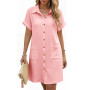 PASUDA Robe Eté Femme Chic et Elegant Coton Robes Chemise Longueur Genou Tunique à Manches Courtes Col V Robe de Plage Décontrac