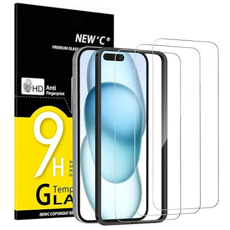 NEW'C Kit de 3, Verre Trempé pour iPhone 16, iPhone 15 (6,1 Pouces) Film en Protection écran efficace contre les Rayures - Ultra
