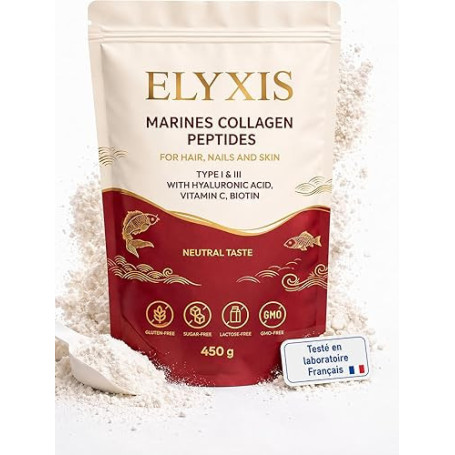 ELYXIS® Collagène Marin Hydrolysé 5-en-1 | Peptides Types I & III + Acide Hyaluronique + Vitamine C, E & Biotine | Peau, Cheveux