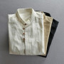YRUIIA Chemise Style Japonais, Chemise à col Montant en Lin et Coton pour Homme, Chemise à col Montant à Double Boutonnage, Chem