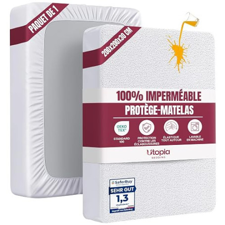 Utopia Bedding Protège Matelas 200 x 200 x 30 cm Imperméable, Certifié Oeko TEX, Alèse Drap Housse, Matelas Couvre, Respirant, É