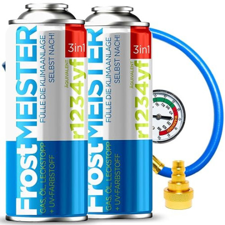 FrostMEISTER Kit de recharge 3 en 1 pour climatisation de voiture (2 boîtes de 400 ml + tuyau avec manomètre et adaptateur) – Li