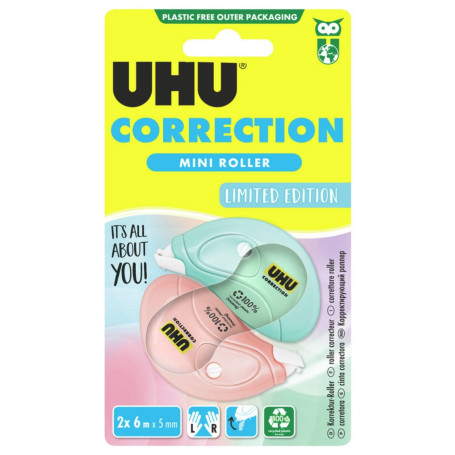 UHU Rollers Correcteur - Ruban Correcteur Mini Pastel Kawaii - Rapide Propre Et Précis - Avec Capuchon Protecteur - Fournitures 