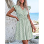 CUPSHE Femme Robe Courte Été Rayée Col V Manches Volantées Taille Smockée Robe de Plage Fluide A Ligne Chic Décontractée Soirée 