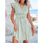 CUPSHE Femme Robe Courte Été Rayée Col V Manches Volantées Taille Smockée Robe de Plage Fluide A Ligne Chic Décontractée Soirée 