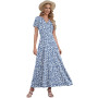 AUSELILY Robe Longue Femme Ete Col en V Manches Courtes Robe Femme Chic et Elegant Taille Haute Ligne A Cocktail Robes avec Poch