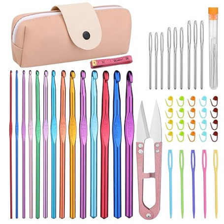 Kits de Crochet, Crochet Tricot 52 pièces, ensemble complet de crochets avec crochets en aluminium de 14 tailles, marqueurs de p