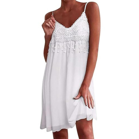 Zeagoo Robes d'Été Femme Dentelle Spaghetti d'Été Courte sans Manches Boho de Plage avec Franges Décolleté en V Robe Décontracté