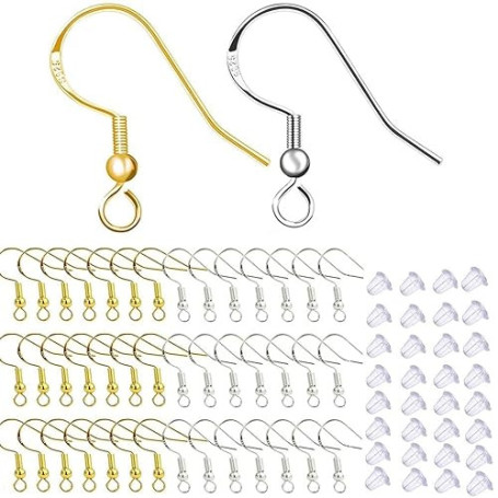 200 Pièces Crochets de Boucle d'oreille Or Argenté, Fil d'oreille Crochets avec Boule Ressort Hypoallergénique pour Fabrication