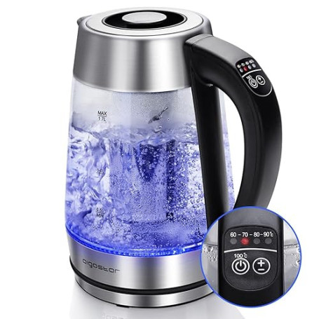 Aigostar Cris - Bouilloire en verre Température Réglable 2200W, 1.7L. Thermostat Réglable (60 à 100ºC) et fonction maintien au c