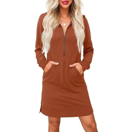 PrinStory Robe pull pour femme à manches longues, demi-fermeture éclair et col en V avec poches latérales