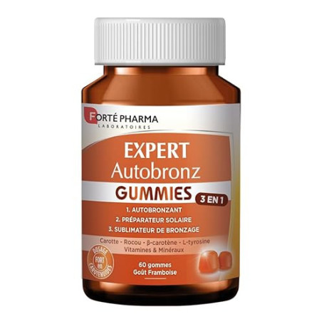 Forté Pharma - Expert AutoBronz Gummies solaire - L-tyrosine, Lutéine, Beta carotene - Complement alimentaire bronzage - Teint h